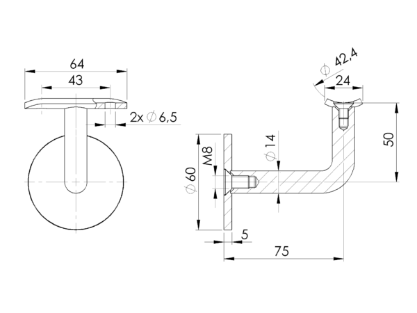 Support de main courante | pour tube Ø33,7 mm | montage mural invisible | V2A | sol – Image 2