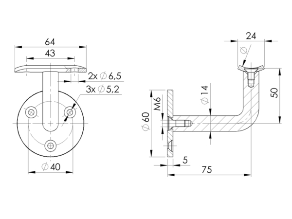 Support de main courante | pour tube Ø42,4 mm | Fixation murale à 3 points | V4A | sol – Image 3