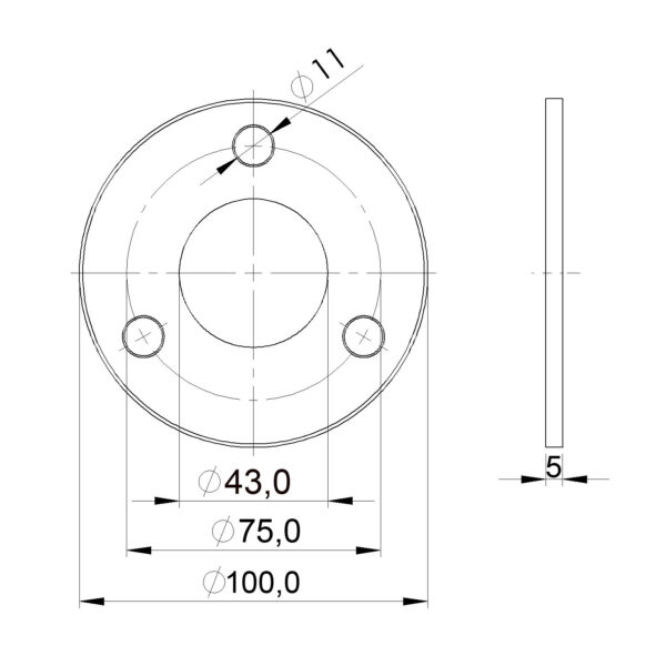 Bride inférieure Ø100/Ø42,4 mm | avec 3 trous allongés Ø11 mm | V2A | brut – Image 2
