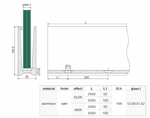 Profilé de montage pour verre de 12 à 21,52 mm, longueur 2,5 m, 1,0 kN, aluminium, ELOX – Image 2